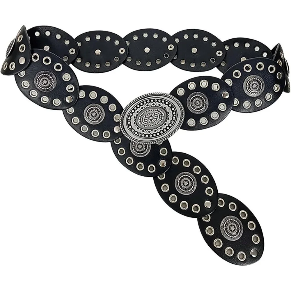 Women’s Wide Leather Western Cowboy Disc Belt Vintage Cowgirl Style for Jeans